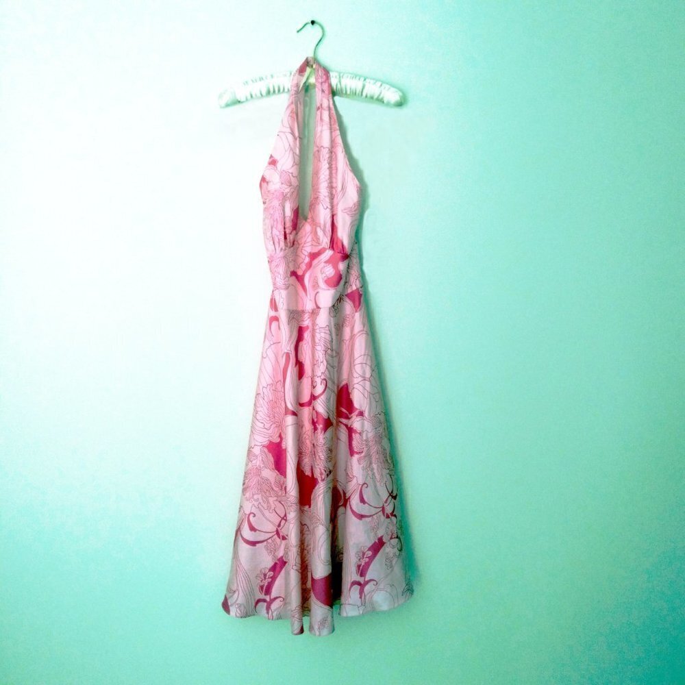 Maggie London Pink on Pink Silk Halter Circle Dress Retro Floral Femme Fun! Sz12 - Picture 8 of 8